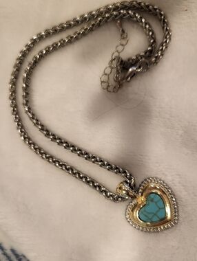 Gold & Silver Heart Pendant Necklace with Turquoise Stone - Women Jewelry
